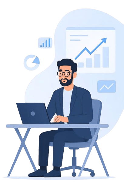 A cartoon illustration of Pranav, a smiling man with glasses and a beard, wearing a dark blue suit jacket and pants, working on a laptop at a light blue desk. He is seated in a dark blue office chair. In the background, light blue graphical elements depict charts, graphs with an upward trend, and a pie chart, symbolizing data analysis and growth, typical for Pranav Digital Marketing Freelancer in Bangalore reviewing campaign performance.
